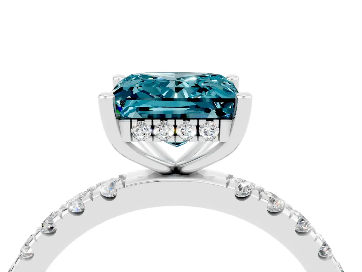 Princess Cut Blue Topaz Pave Band Solitaire Ring with Round and Prong Setting Platinum