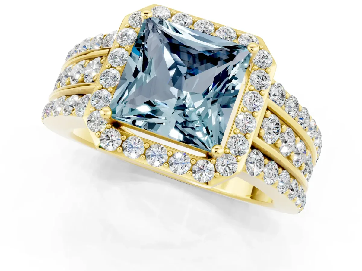 Princess Cut Halo Aquamarine Ring with Round Split Shank and Prong Setting Yellow gold