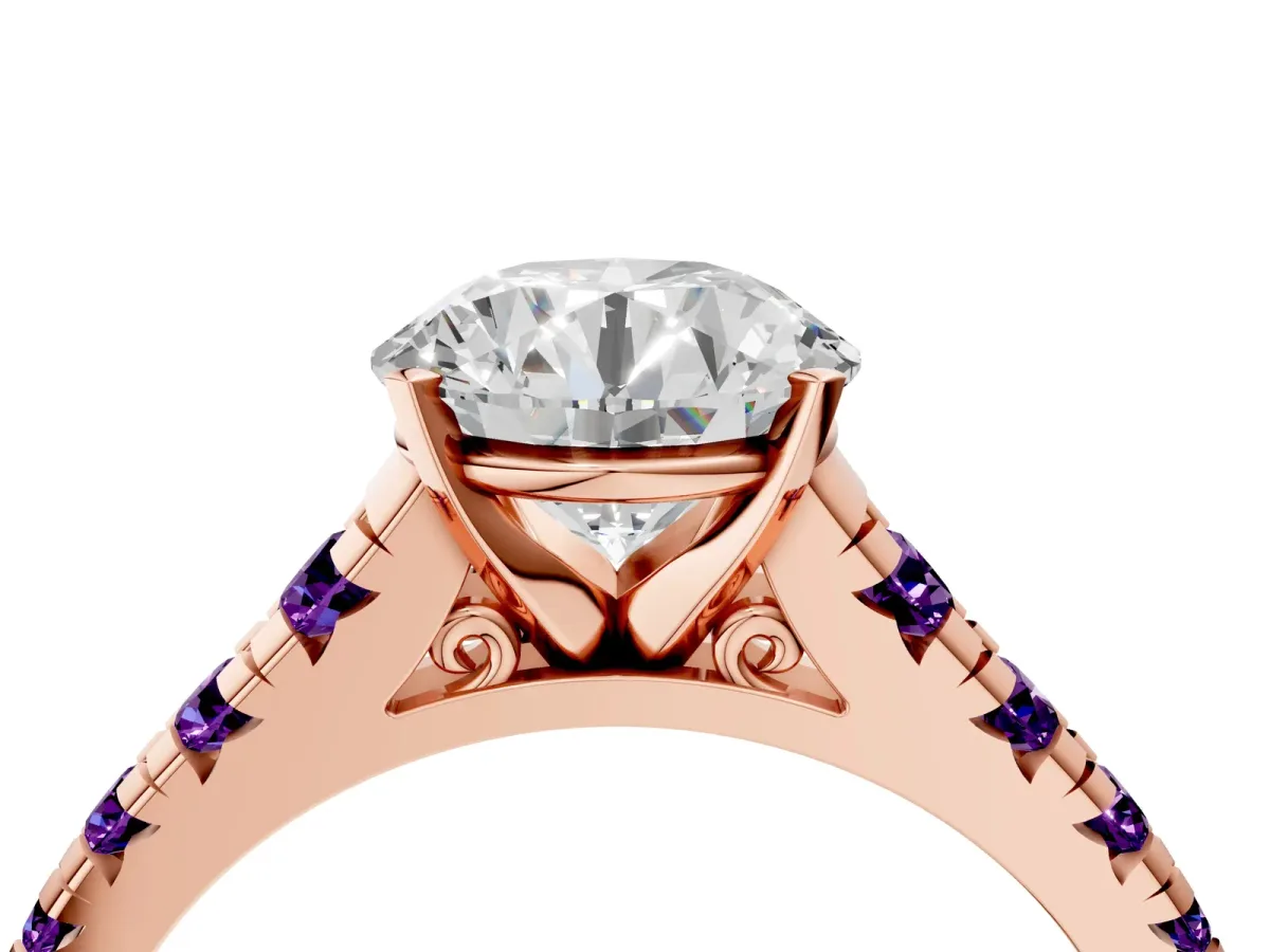 Round Cut Diamond Cathedral Solitaire Ring with Round Amethyst Pavé Band Rose gold