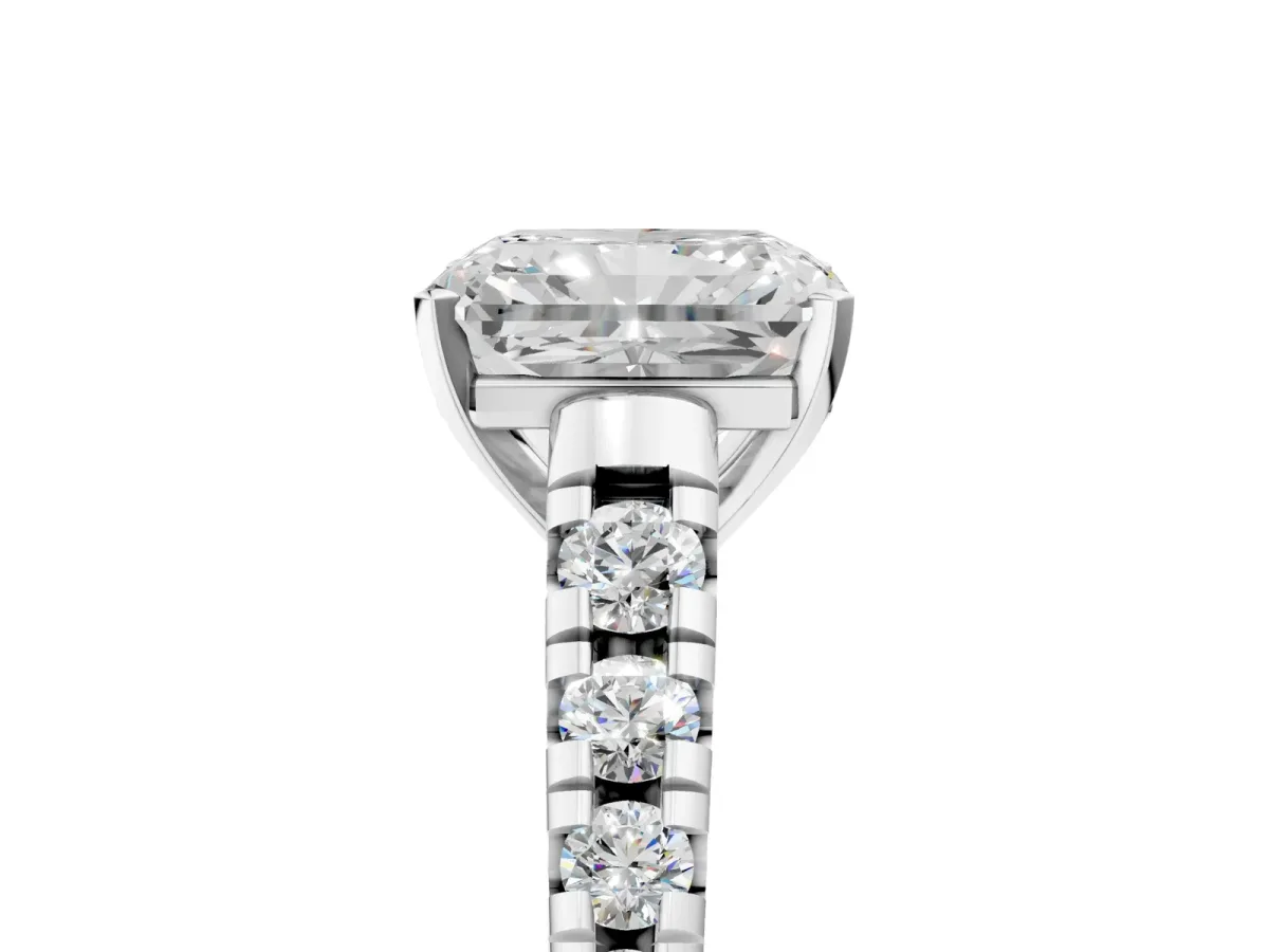 Radiant Cut Diamond Cathedral Solitaire Ring with Round Pavé Band Platinum