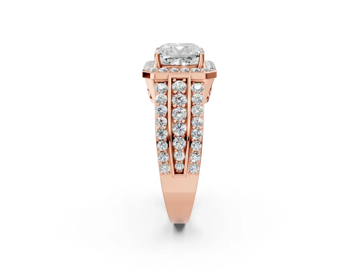 Cushion Cut Halo Diamond Ring with Round Split Shank and Prong Setting Rose gold