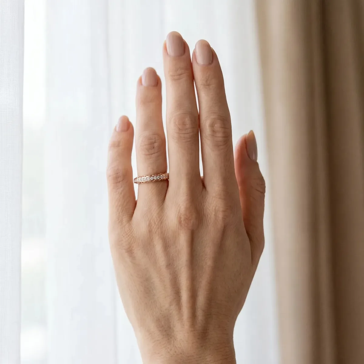 Round Diamond Channel-Set Eternity Band with Filigree Detailing Rose gold