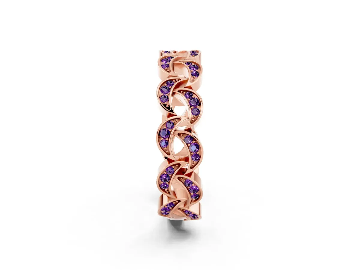 Pavé Round Amethyst Interlocking Eternity Band with Bezel Prong Setting Rose gold