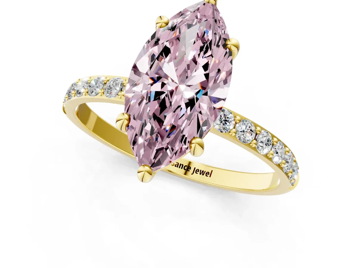 Fancy Pink Marquise Cut Diamond Solitaire Ring with Round Pavé Band and Prong Setting Yellow gold