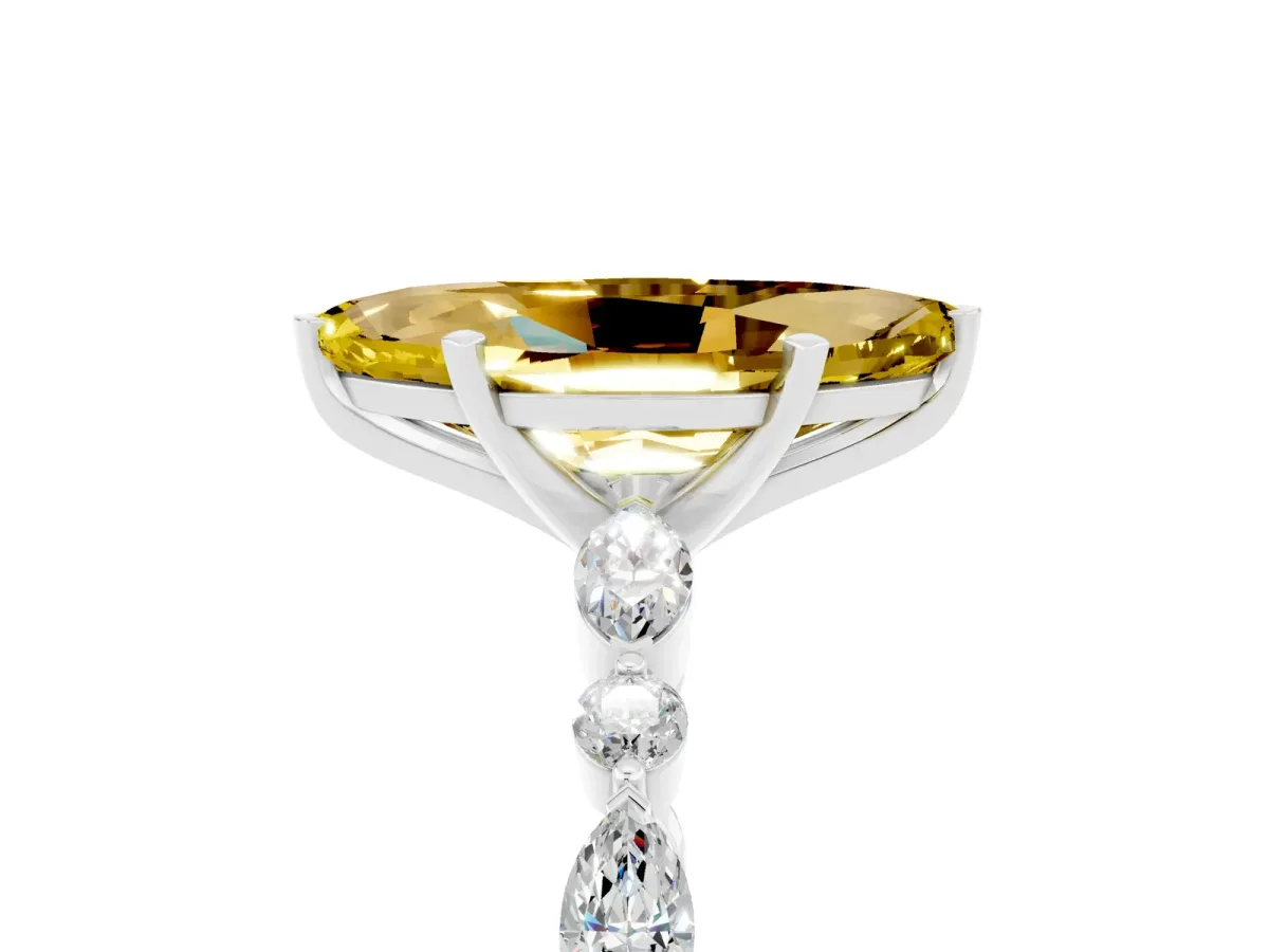 Marquise Cut Yellow Sapphire Ring with Marquise and Round Side Stones and Four-Prong Setting Silver