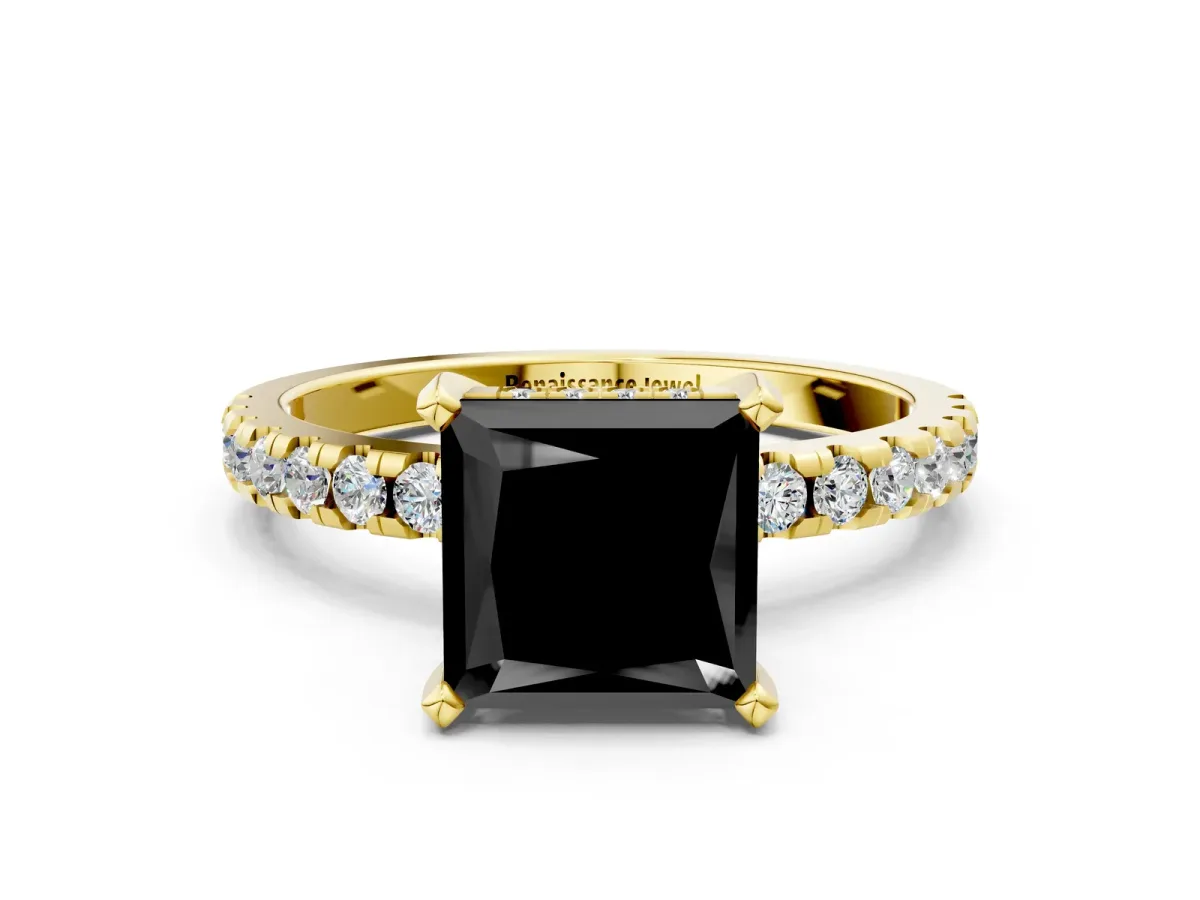Fancy Black Princess Cut Diamond Solitaire Ring with Round Pavé Band and Four-Prong Setting Yellow gold