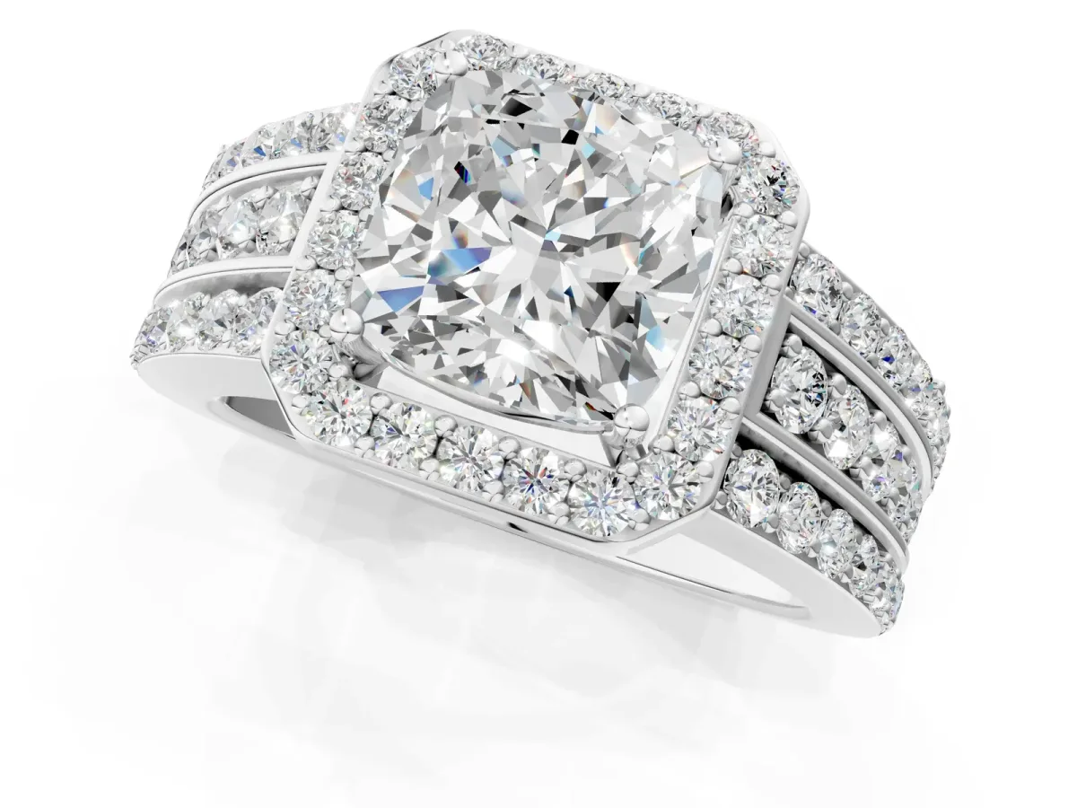 Cushion Cut Halo Diamond Ring with Round Moissanite Split Shank and Prong Setting White gold