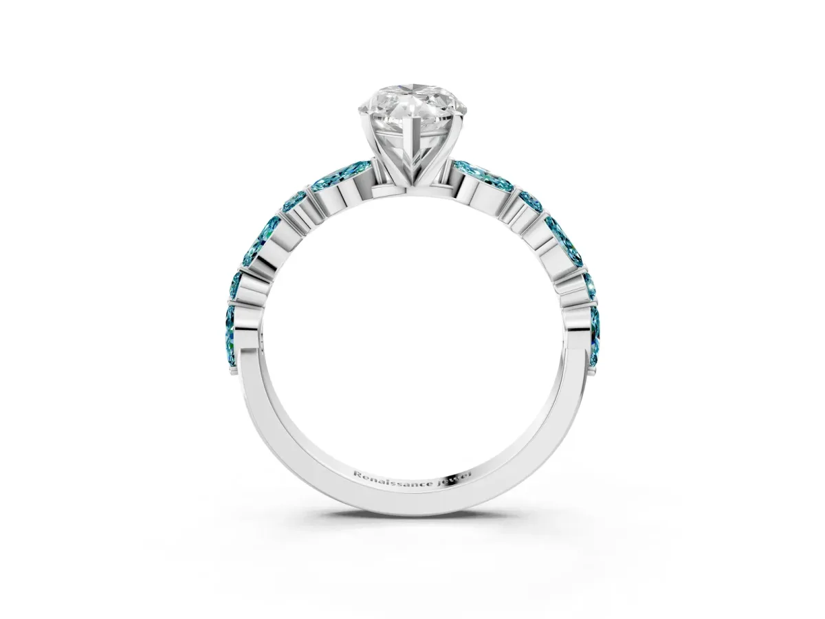 Marquise Cut Diamond Ring with Marquise and Round Blue Topaz Side Stones and Four-Prong Setting Platinum