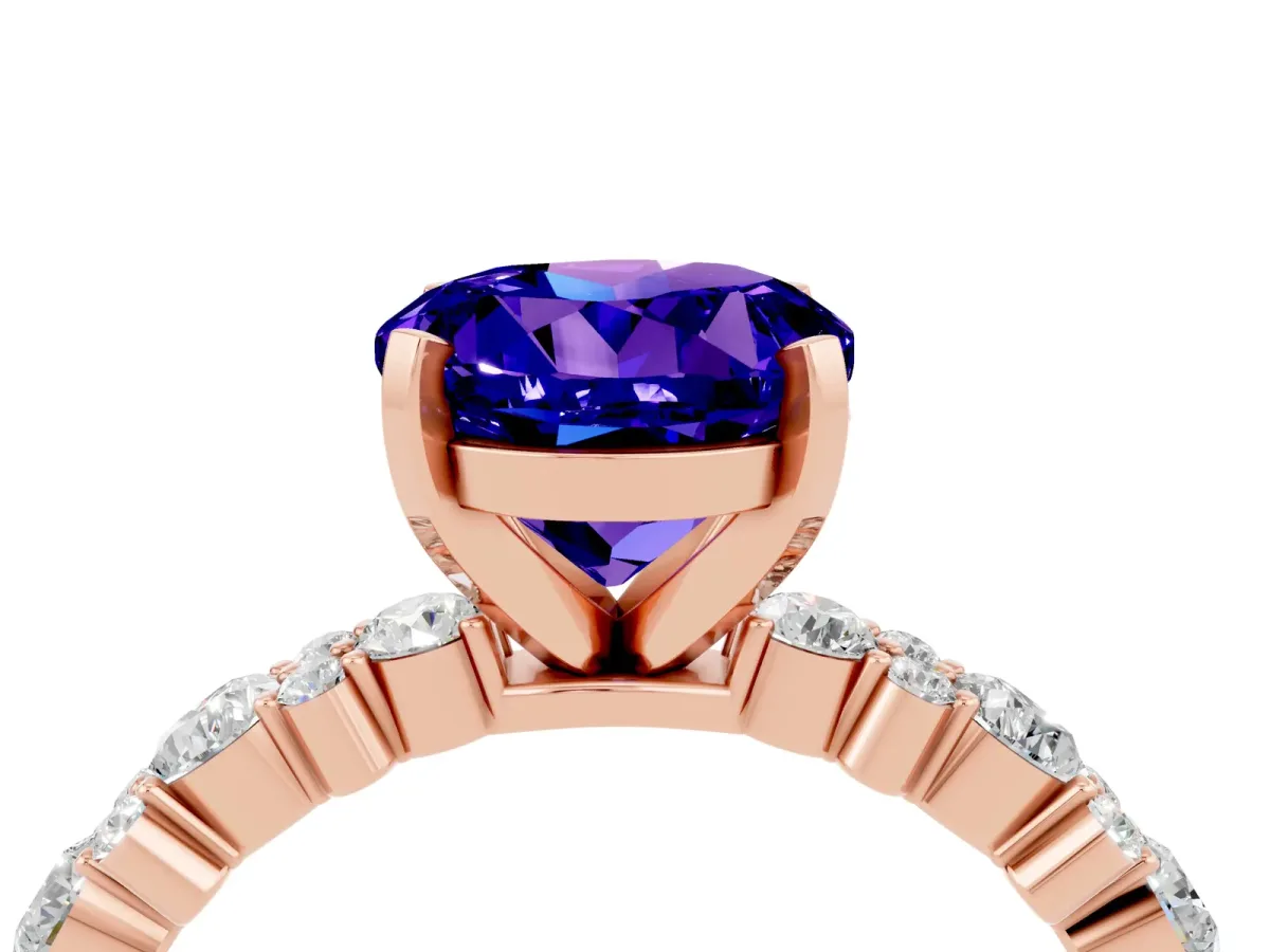 Round Cut Tanzanite Side Stone Solitaire Ring with Round and Four-Prong Setting Rose gold