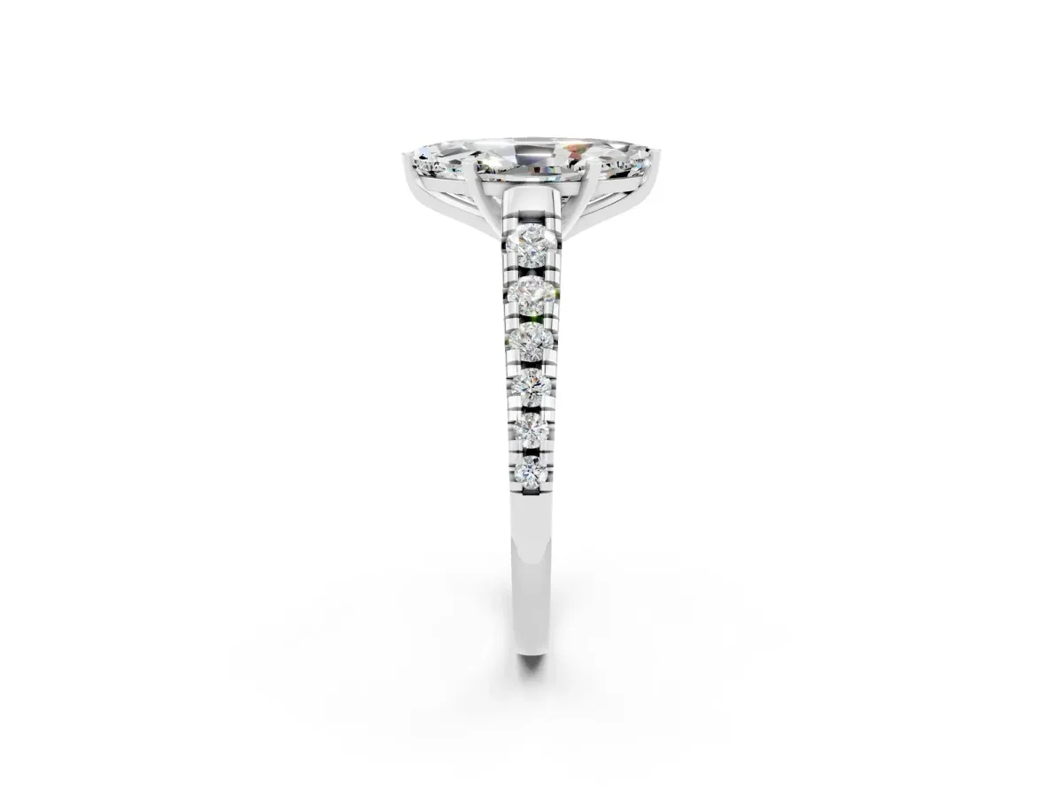 Marquise Cut Moissanite Cathedral Solitaire Ring with Round Pavé Band Platinum