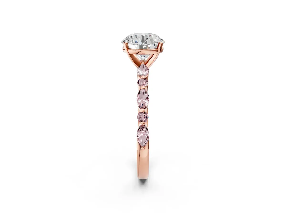 Round Cut Diamond Ring with Marquise and Round Morganite Side Stones and Four-Prong Setting Rose gold
