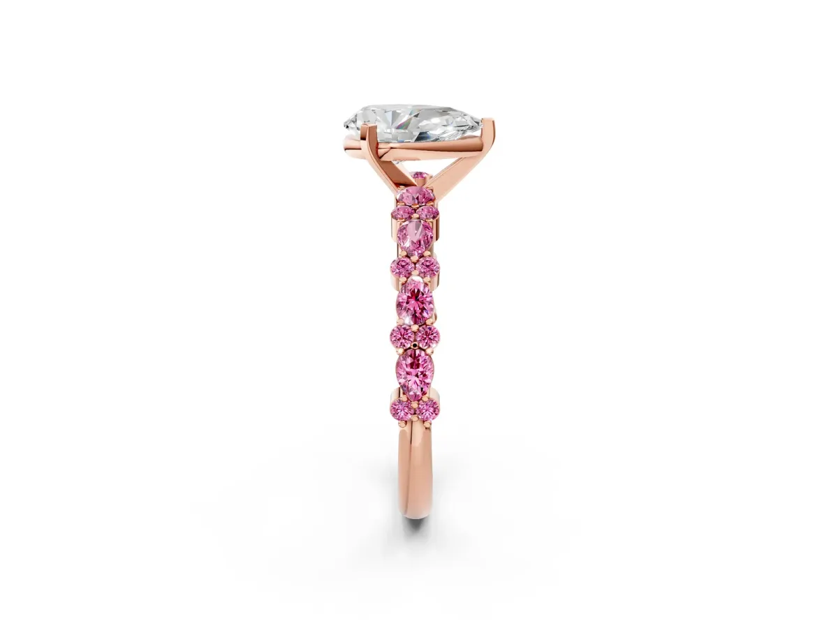 Pear Cut Diamond Side Stone Solitaire Ring with Round Pink Sapphire and Four-Prong Setting Rose gold