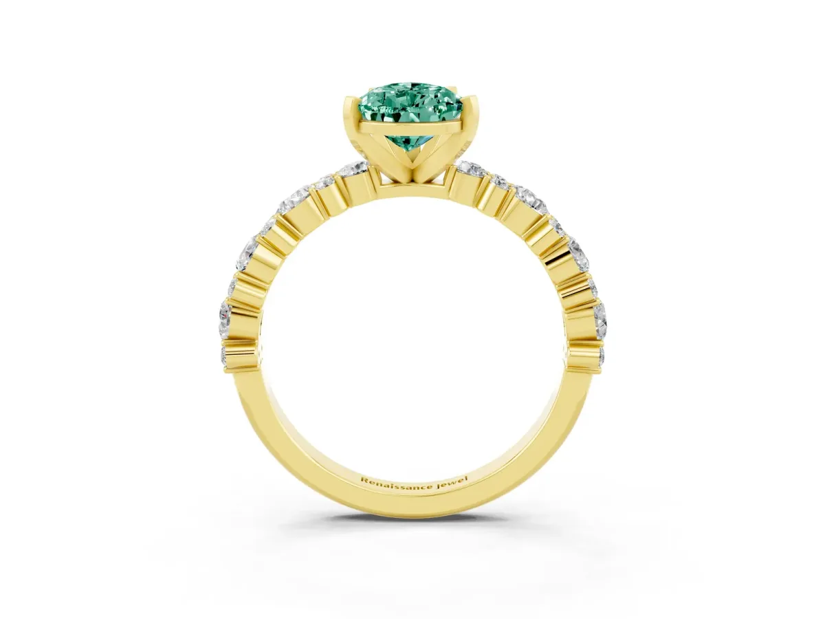 Pear Cut Green Sapphire Side Stone Solitaire Ring with Round and Four-Prong Setting Yellow gold