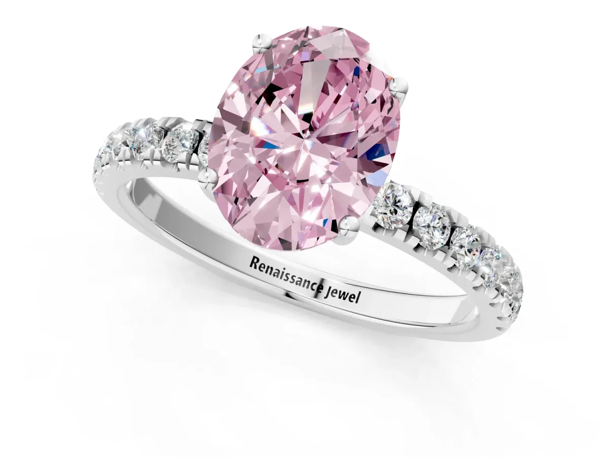 Fancy Pink Oval Cut Diamond Pave Band Solitaire Ring with Round and Prong Setting Platinum