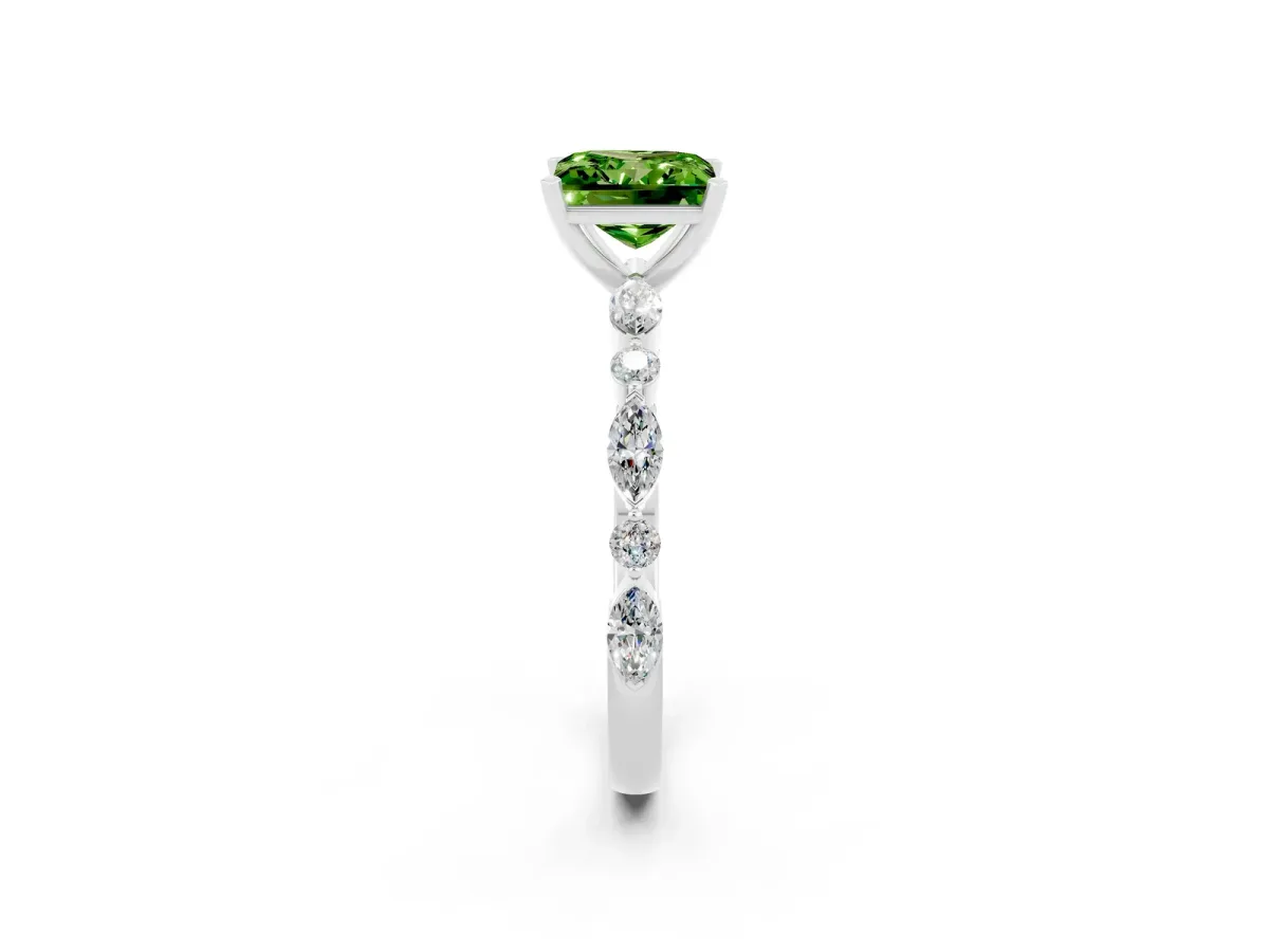 Princess Cut Peridot Ring with Marquise and Round Side Stones and Four-Prong Setting Silver