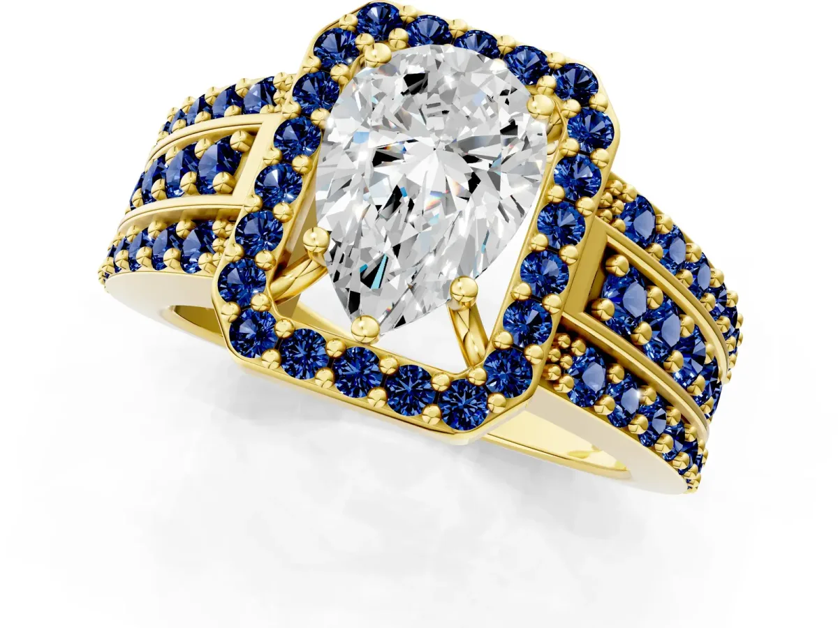 Pear Cut Halo Diamond Ring with Round Blue Sapphire Split Shank and Prong Setting Yellow gold