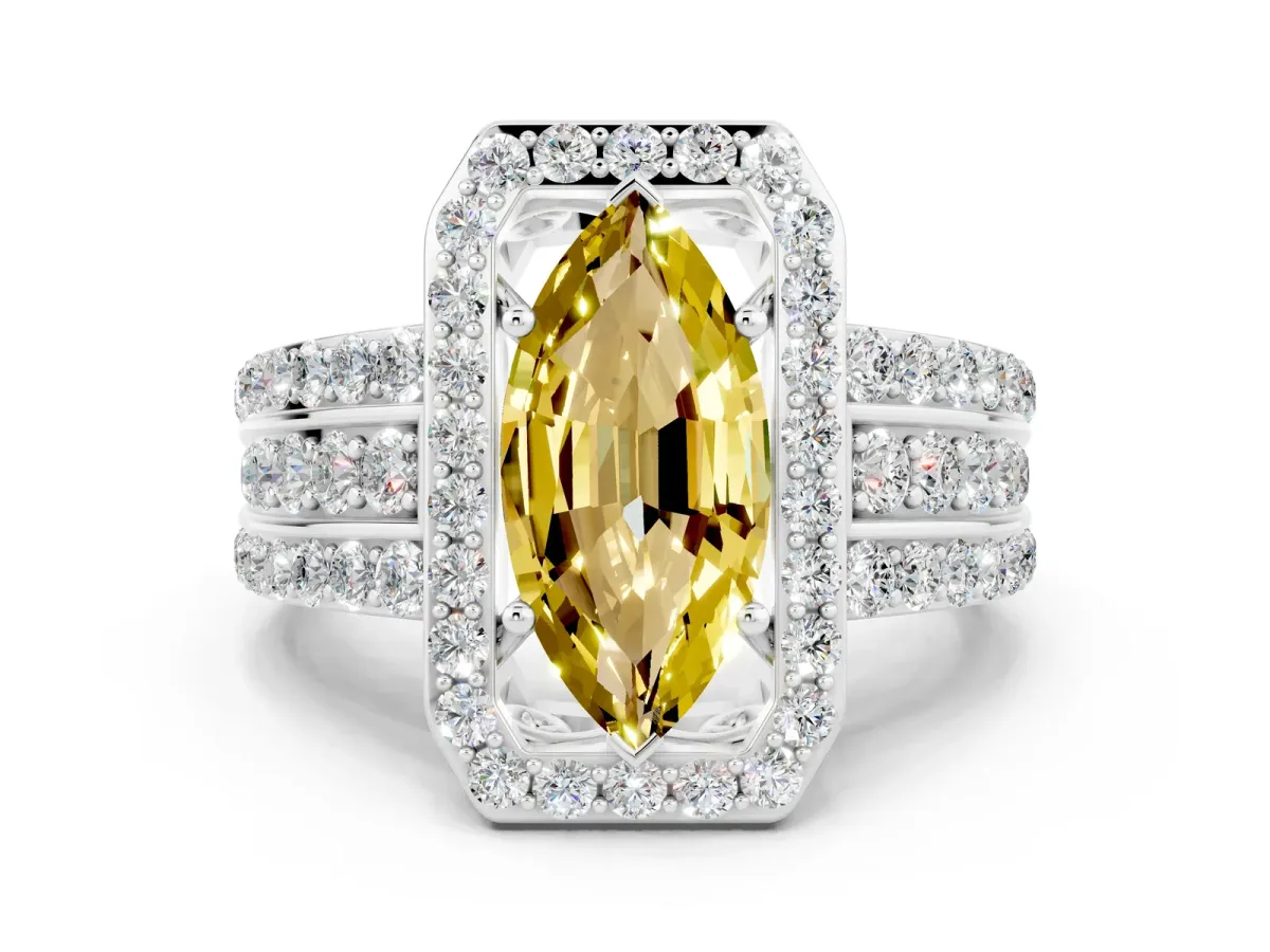 Marquise Cut Halo Yellow Sapphire Ring with Round Split Shank and Prong Setting Silver