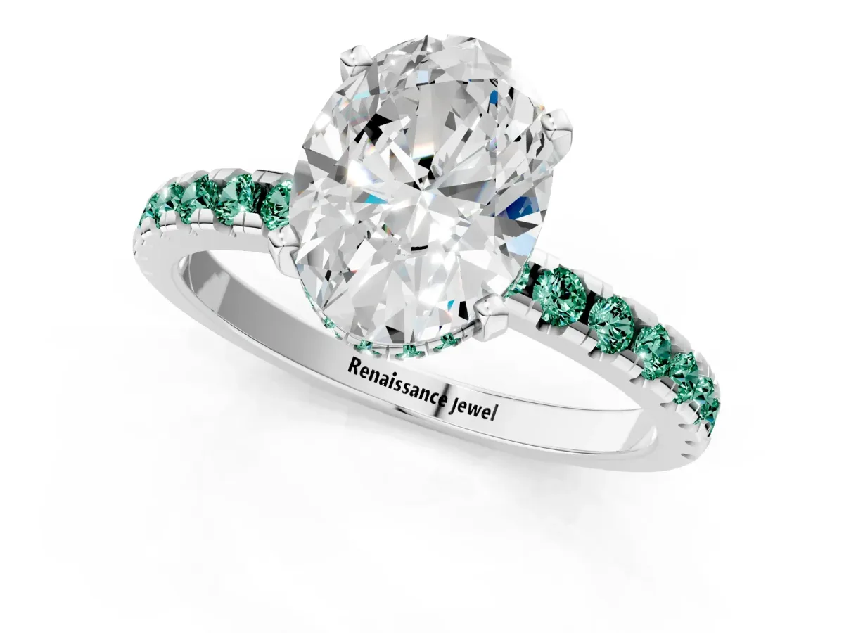 Oval Cut Diamond Solitaire Ring with Round Green Sapphire Pavé Band and Four-Prong Setting Silver