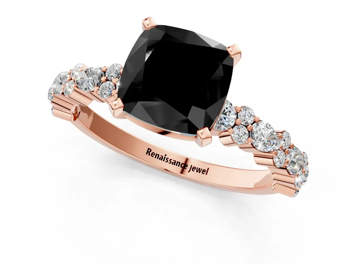 Fancy Black Cushion Cut Diamond Side Stone Solitaire Ring with Round and Four-Prong Setting Rose gold