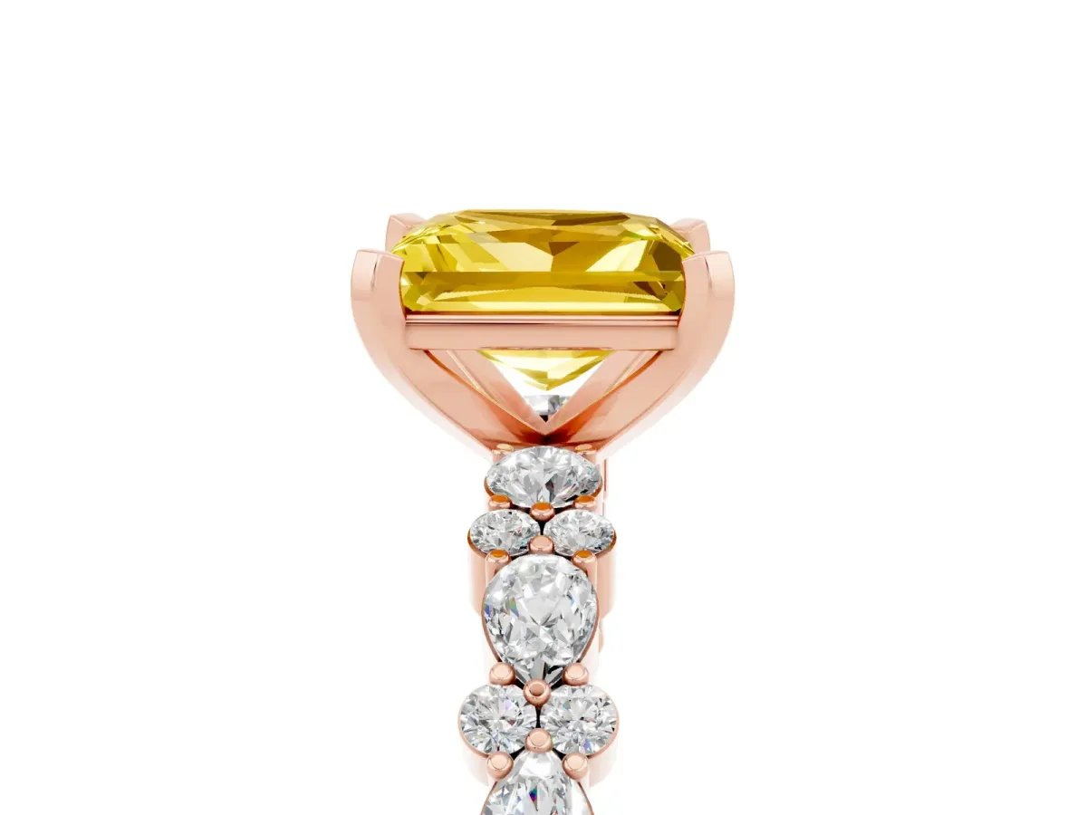 Princess Cut Yellow Sapphire Side Stone Solitaire Ring with Round and Four-Prong Setting Rose gold