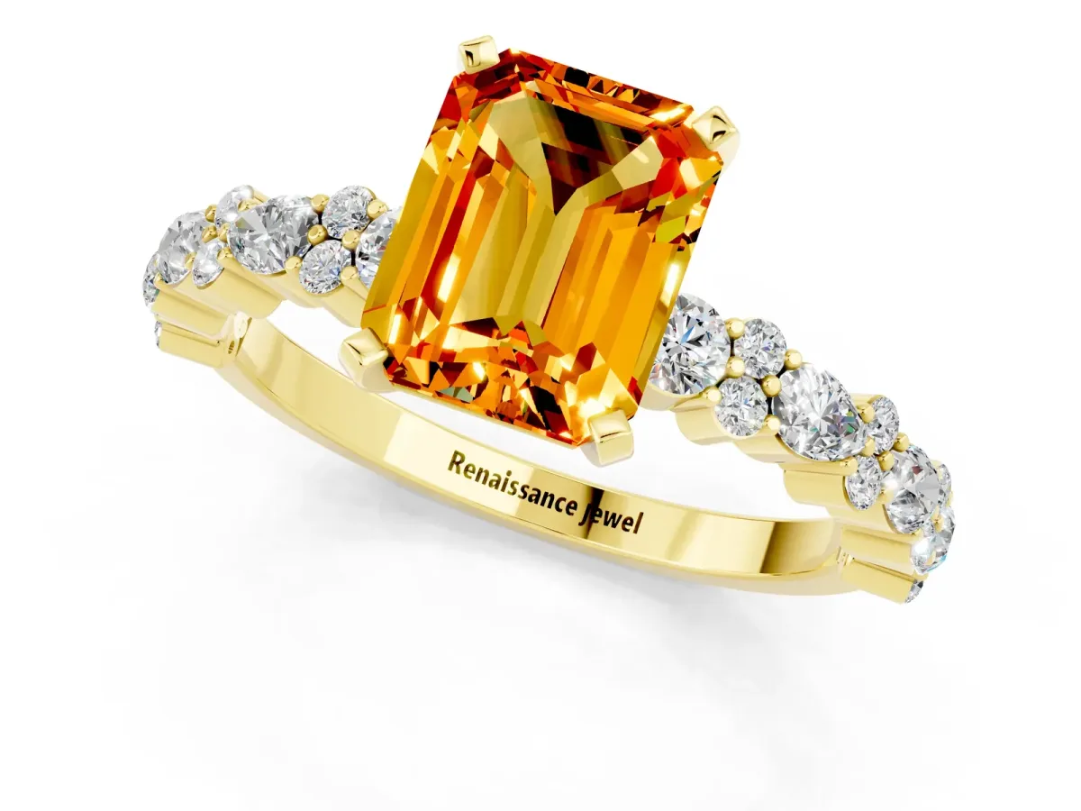 Emerald Cut Citrine Side Stone Solitaire Ring with Round and Four-Prong Setting Yellow gold