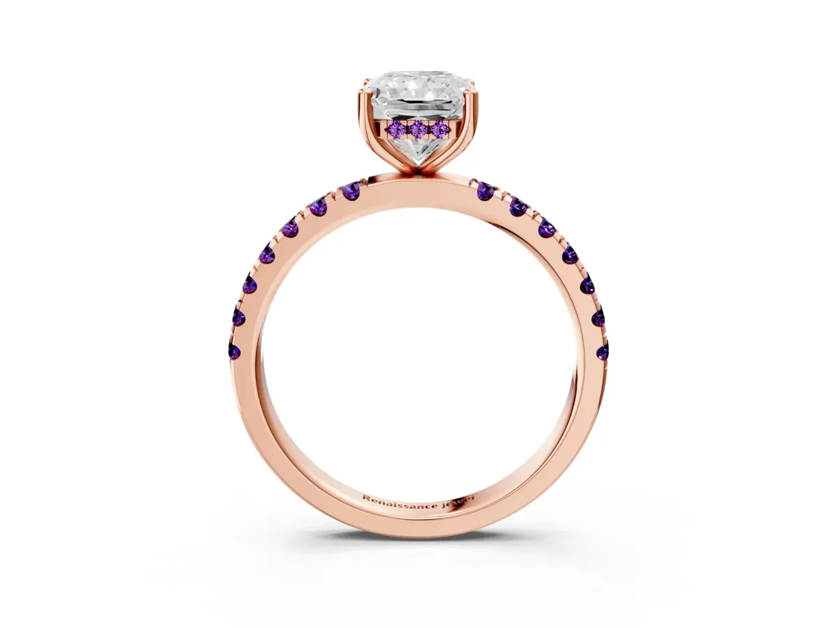 Radiant Cut Diamond Pave Band Solitaire Ring with Round Amethyst and Prong Setting Rose gold