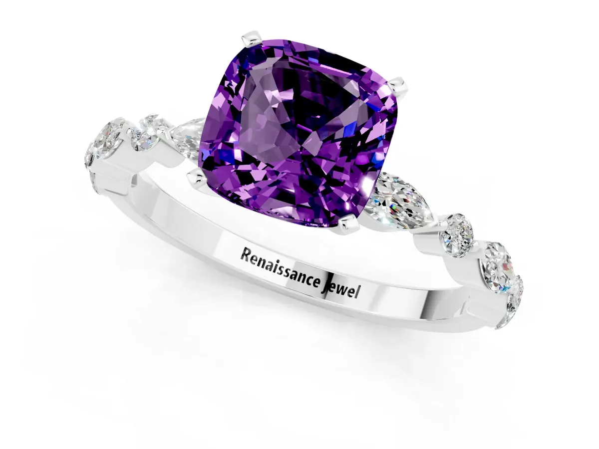 Cushion Cut Amethyst Ring with Marquise and Round Side Stones and Four-Prong Setting Silver