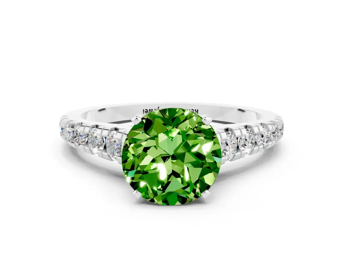 Round Cut Peridot Cathedral Solitaire Ring with Round Pavé Band White gold