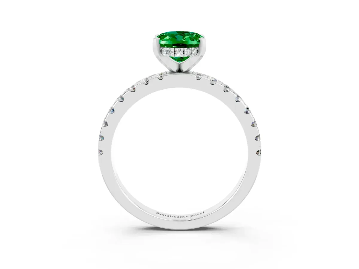 Oval Cut Emerald Solitaire Ring with Round Pavé Band and Four-Prong Setting Silver