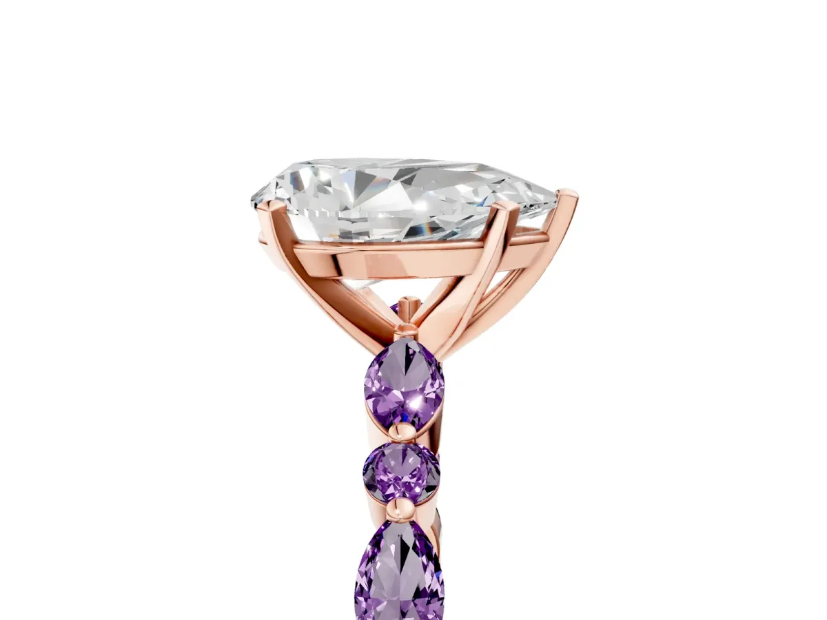 Pear Cut Diamond Ring with Marquise and Round Amethyst Side Stones and Four-Prong Setting Rose gold