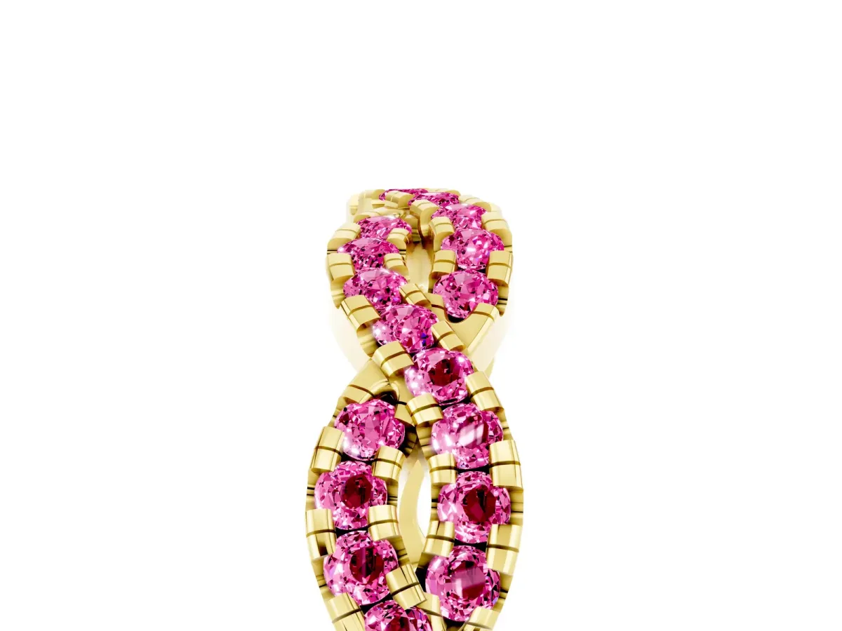 Round Pink Sapphire Twisted Eternity Band with Pavé and Shared Prong Setting Yellow gold