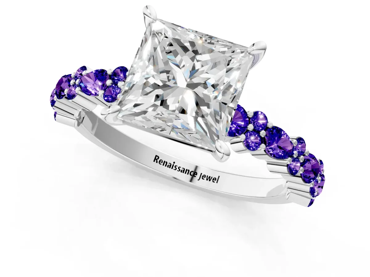 Princess Cut Diamond Side Stone Solitaire Ring with Round Tanzanite and Four-Prong Setting Platinum