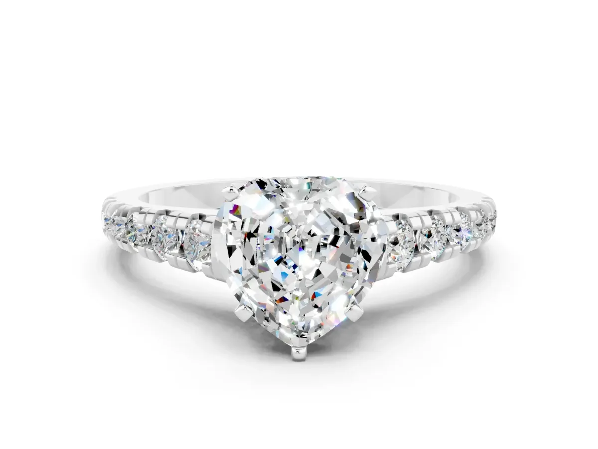 Heart Cut Moissanite Cathedral Solitaire Ring with Round Pavé Band Platinum