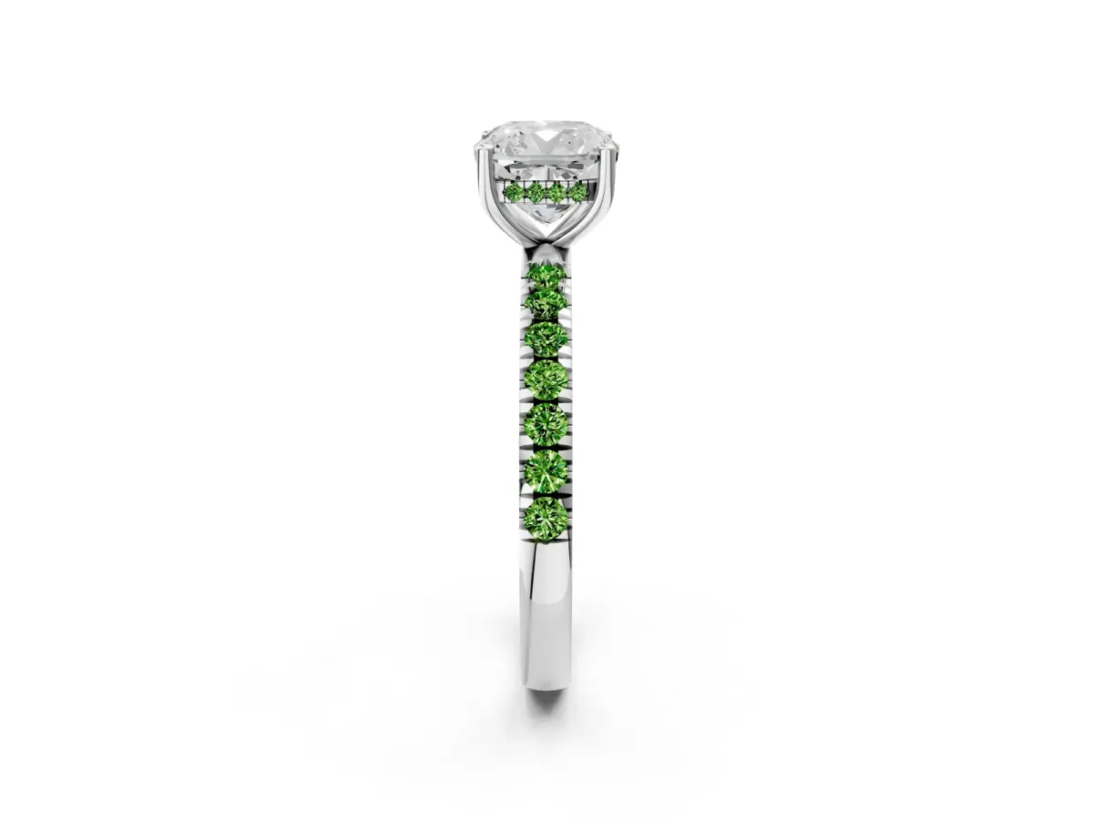 Cushion Cut Diamond Pave Band Solitaire Ring with Round Peridot and Prong Setting Silver