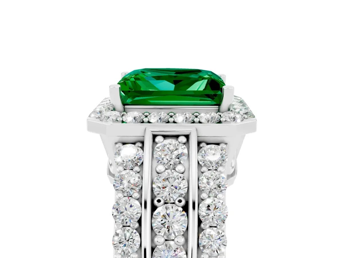 Princess Cut Halo Emerald Ring with Round Split Shank and Prong Setting Silver