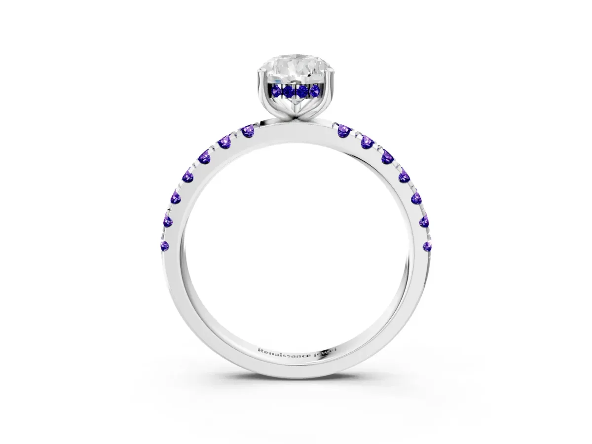 Pear Cut Diamond Pave Band Solitaire Ring with Round Tanzanite and Prong Setting White gold