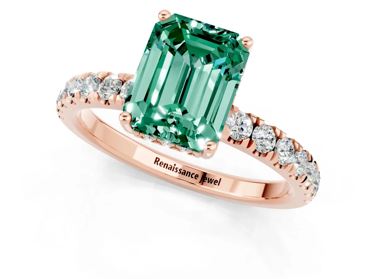Emerald Cut Green Sapphire Pave Band Solitaire Ring with Round and Prong Setting Rose gold