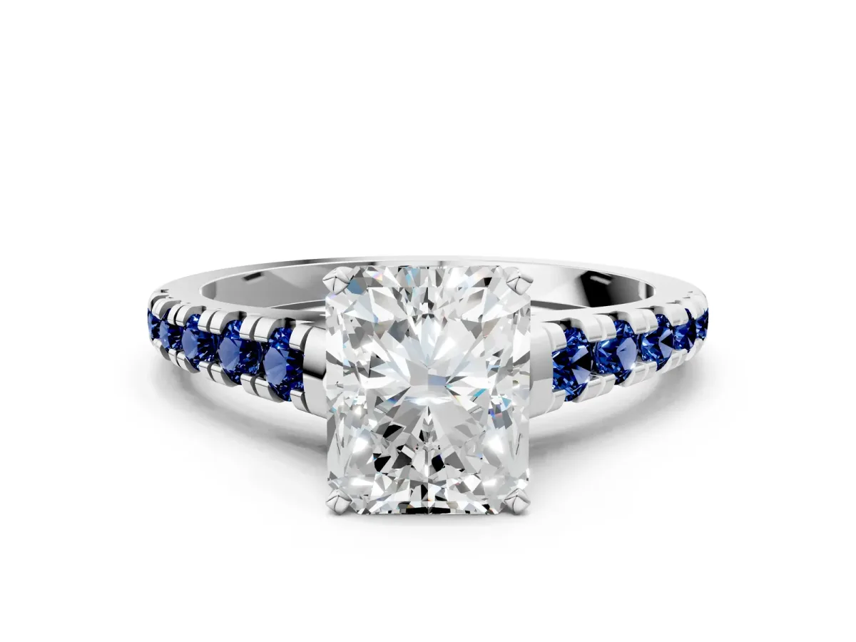 Radiant Cut Diamond Cathedral Solitaire Ring with Round Blue Sapphire Pavé Band Platinum