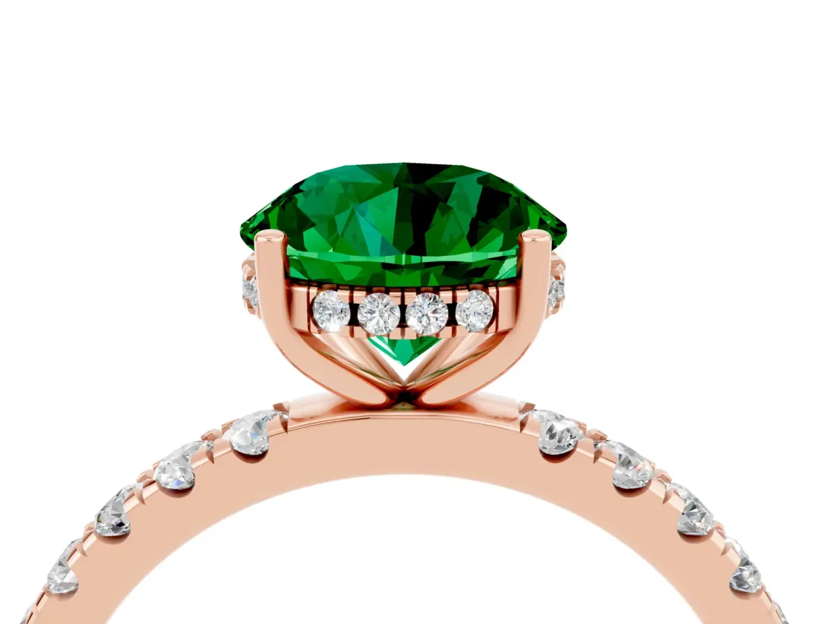 Round Cut Emerald Pave Band Solitaire Ring with Round and Prong Setting Rose gold