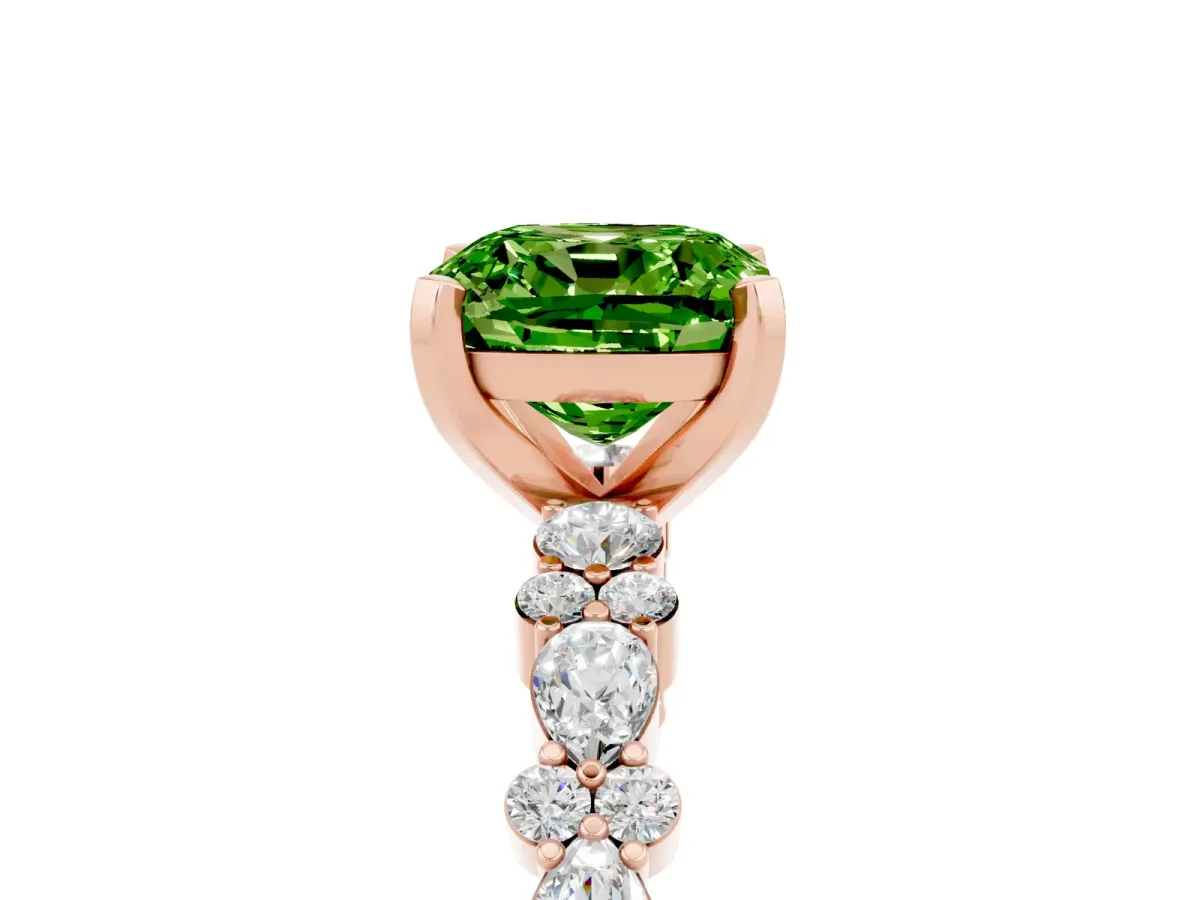 Cushion Cut Peridot Side Stone Solitaire Ring with Round and Four-Prong Setting Rose gold
