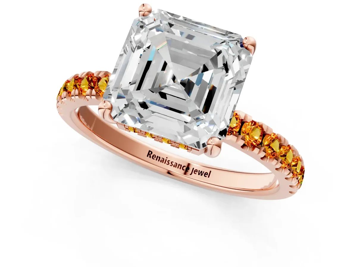 Asscher Cut Diamond Pave Band Solitaire Ring with Round Citrine and Prong Setting Rose gold