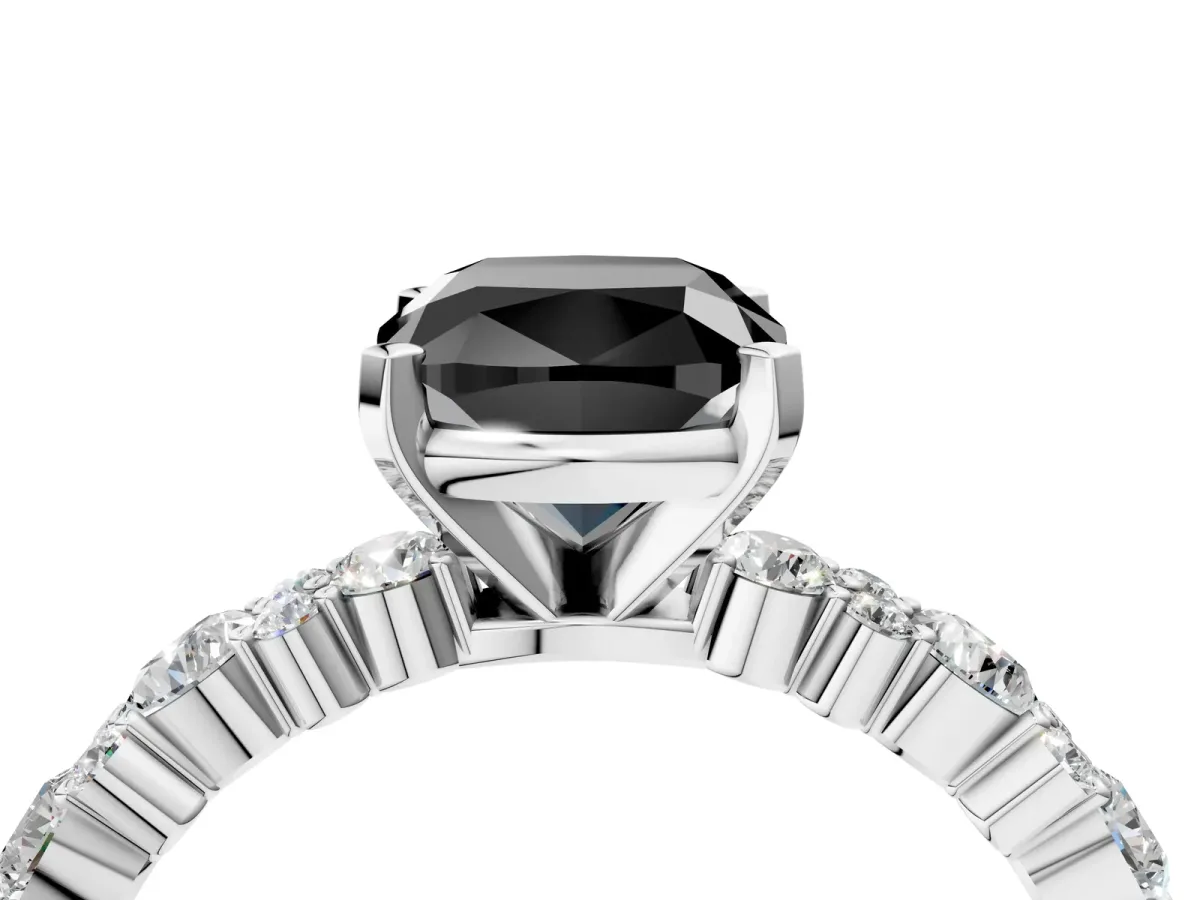 Fancy Black Cushion Cut Diamond Side Stone Solitaire Ring with Round and Four-Prong Setting Platinum