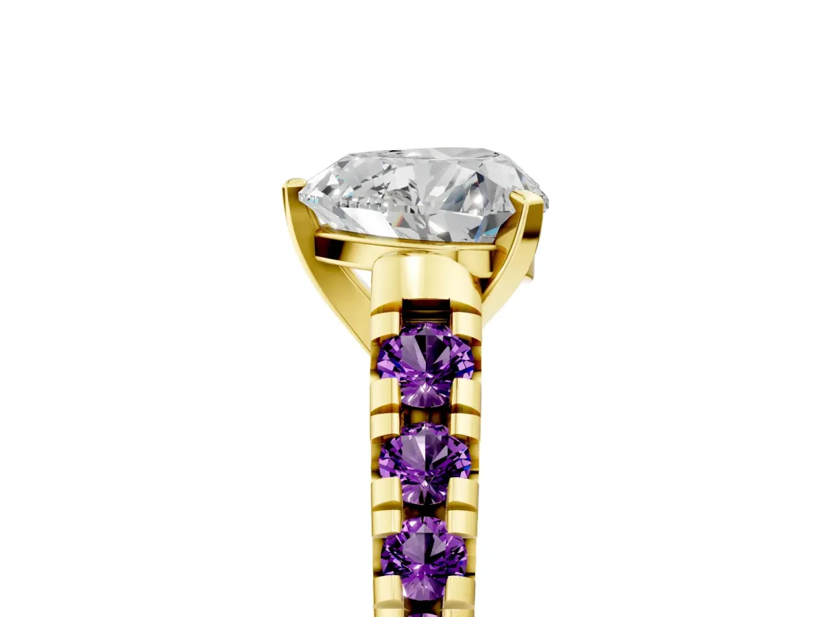 Heart Cut Diamond Cathedral Solitaire Ring with Round Amethyst Pavé Band Yellow gold
