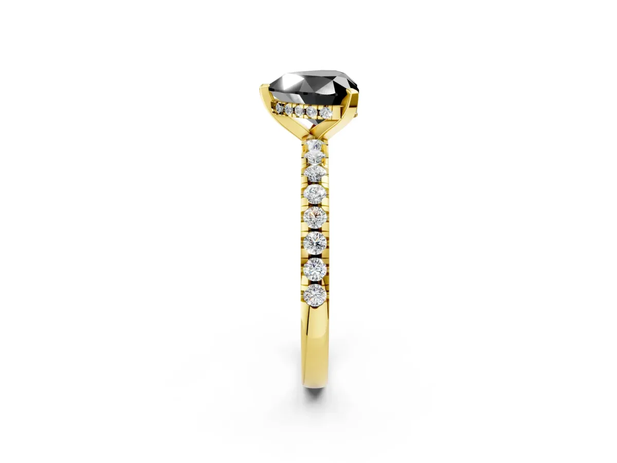 Fancy Black Heart Cut Diamond Solitaire Ring with Round Pavé Band and Four-Prong Setting Yellow gold