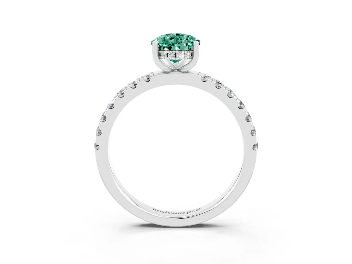 Pear Cut Green Sapphire Pave Band Solitaire Ring with Round and Prong Setting White gold
