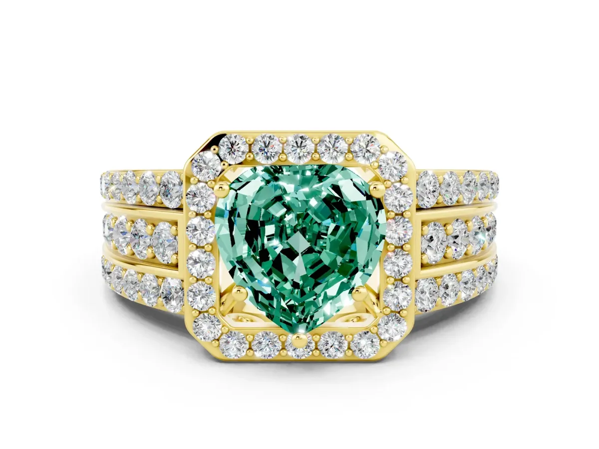 Heart Cut Halo Green Sapphire Ring with Round Split Shank and Prong Setting Yellow gold