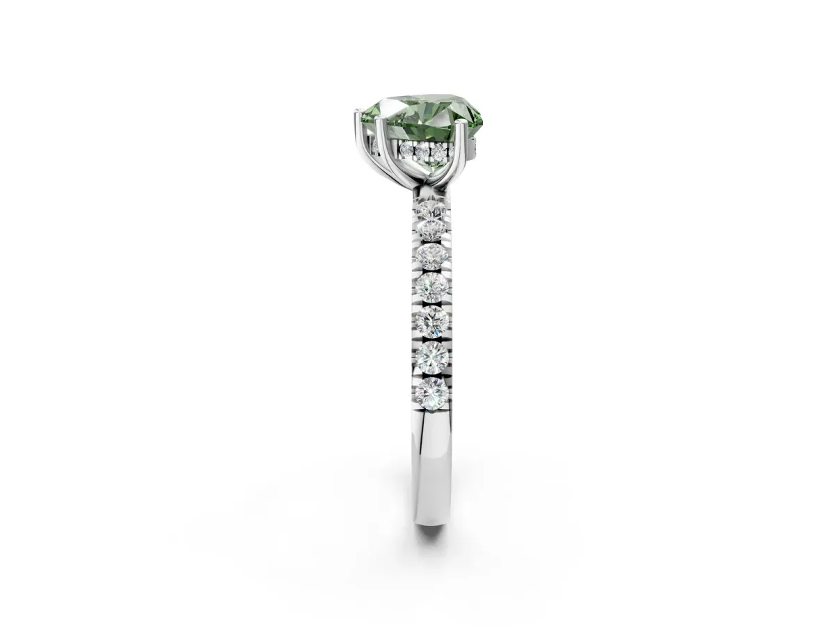 Fancy Green Heart Cut Diamond Pave Band Solitaire Ring with Round and Prong Setting Platinum