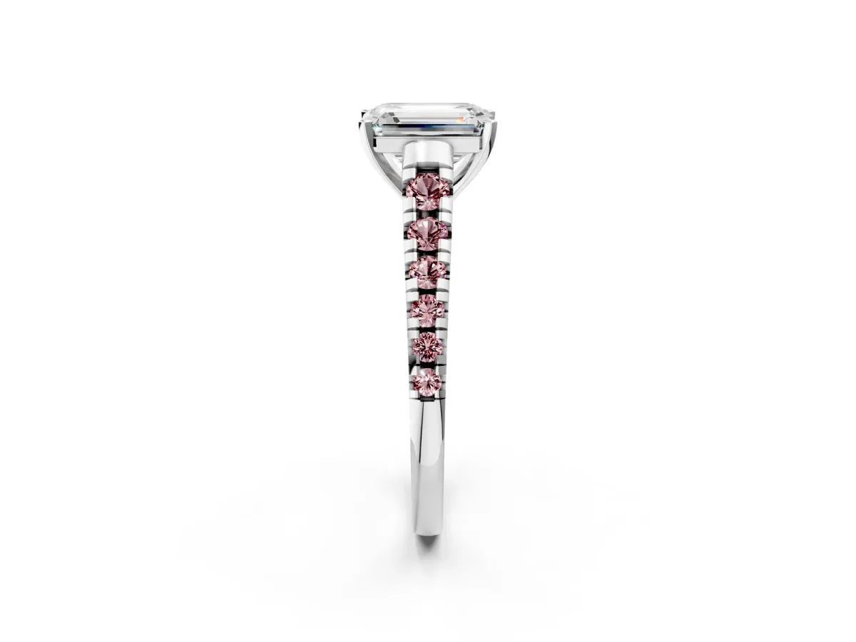 Emerald Cut Diamond Cathedral Solitaire Ring with Round Morganite Pavé Band Platinum