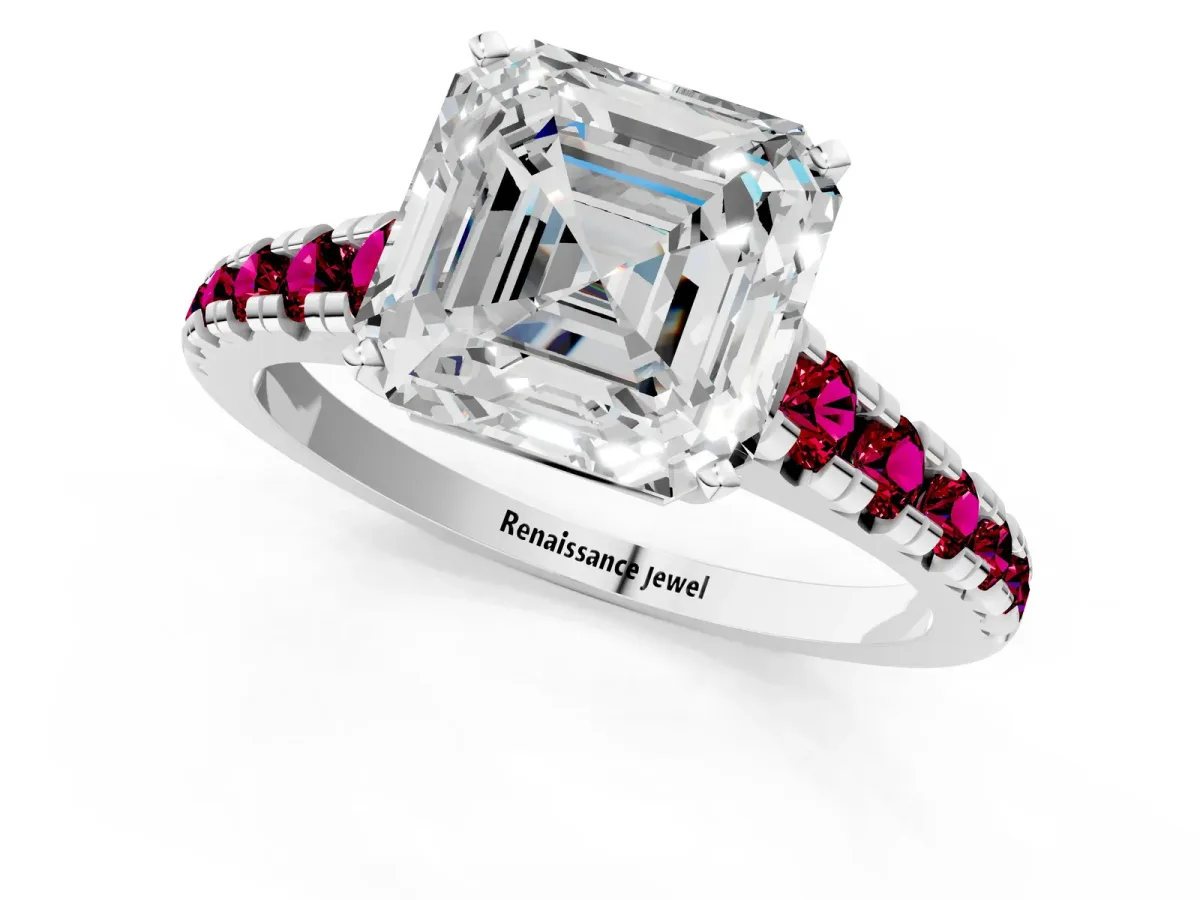 Asscher Cut Diamond Cathedral Solitaire Ring with Round Garnet Pavé Band Platinum