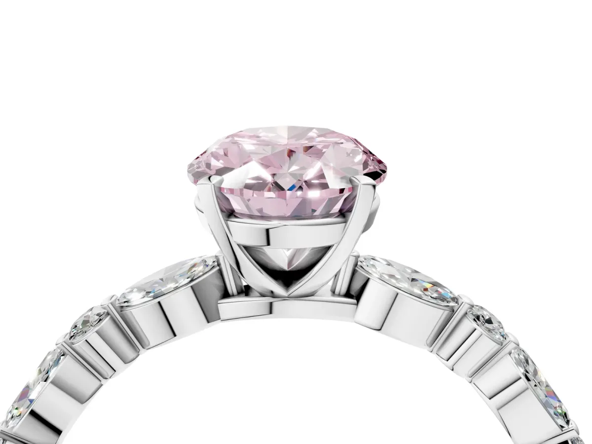 Fancy Pink Oval Cut Diamond Ring with Marquise and Round Side Stones and Four-Prong Setting Platinum